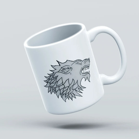 White mug with a wolf head design on a light gray background