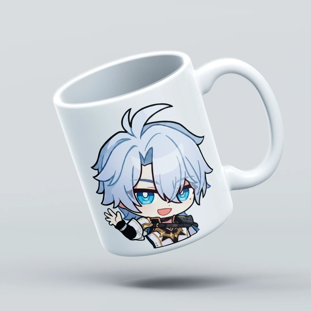 White mug with a character design on a light gray background