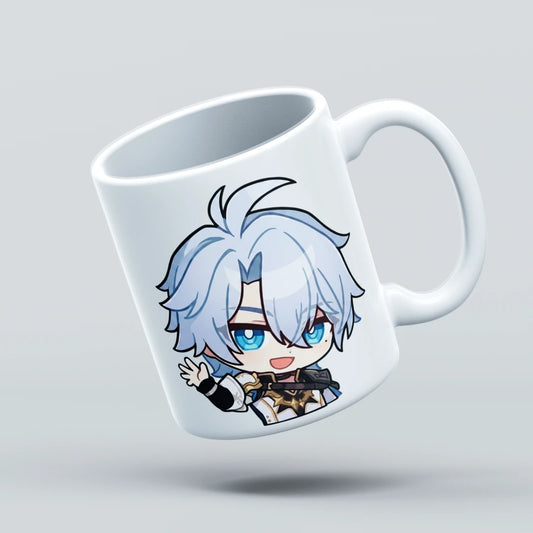 White mug with a character design on a light gray background