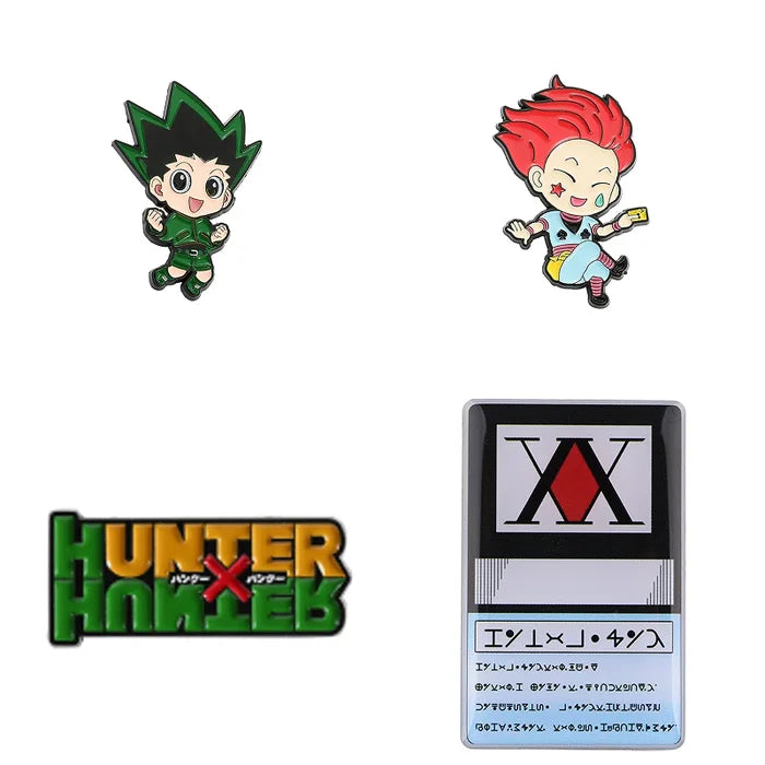 Two anime character pins and a card with 'Hunter x Hunter' logo on a white background
