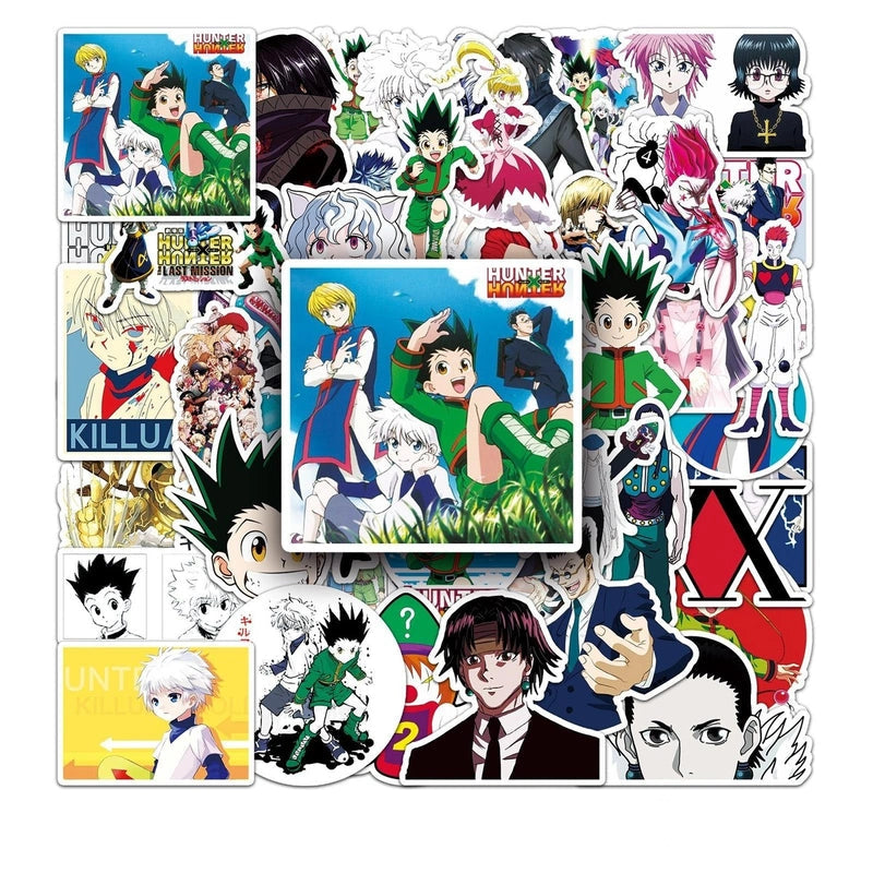 Collection of anime stickers featuring various characters and logos on a white background.