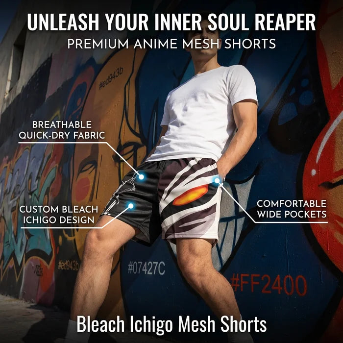 Person wearing bleach ichigo mesh shorts with features highlighted against a graffiti wall background.