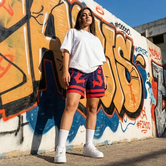 Person wearing a white t-shirt and red shorts standing in front of a graffiti-covered wall.