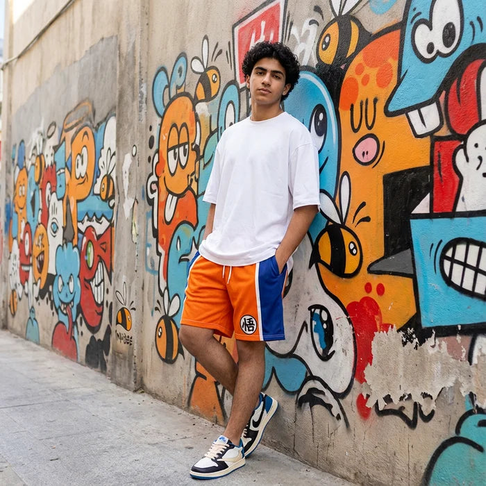 Person wearing a white t-shirt and orange shorts with blue accents, standing in front of colorful graffiti art.