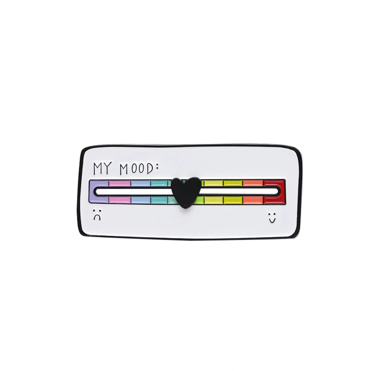 A white enamel pin shaped like a mood meter with a black border, featuring a colorful rainbow scale labeled 'MY MOOD:' and a black heart in the center.