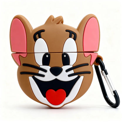 Cartoon cat-shaped airpod case with a carabiner on a white background