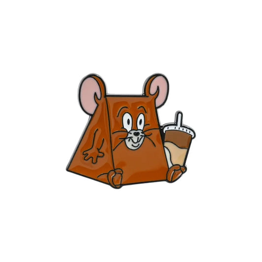 Cartoon mouse holding a coffee cup on a white background