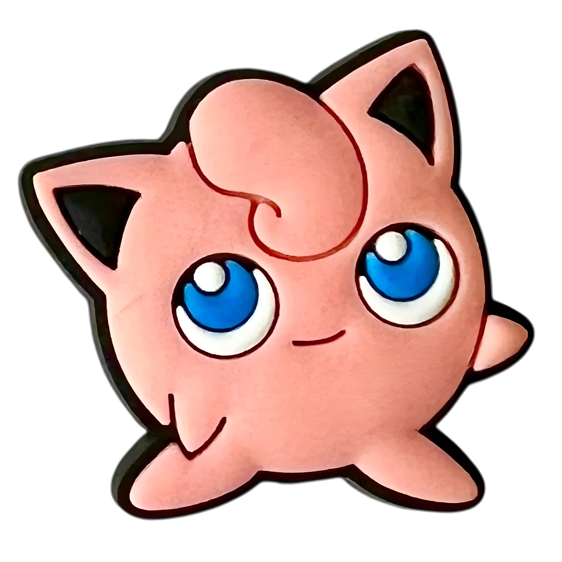 Cartoon character with large blue eyes and pink body on a white background