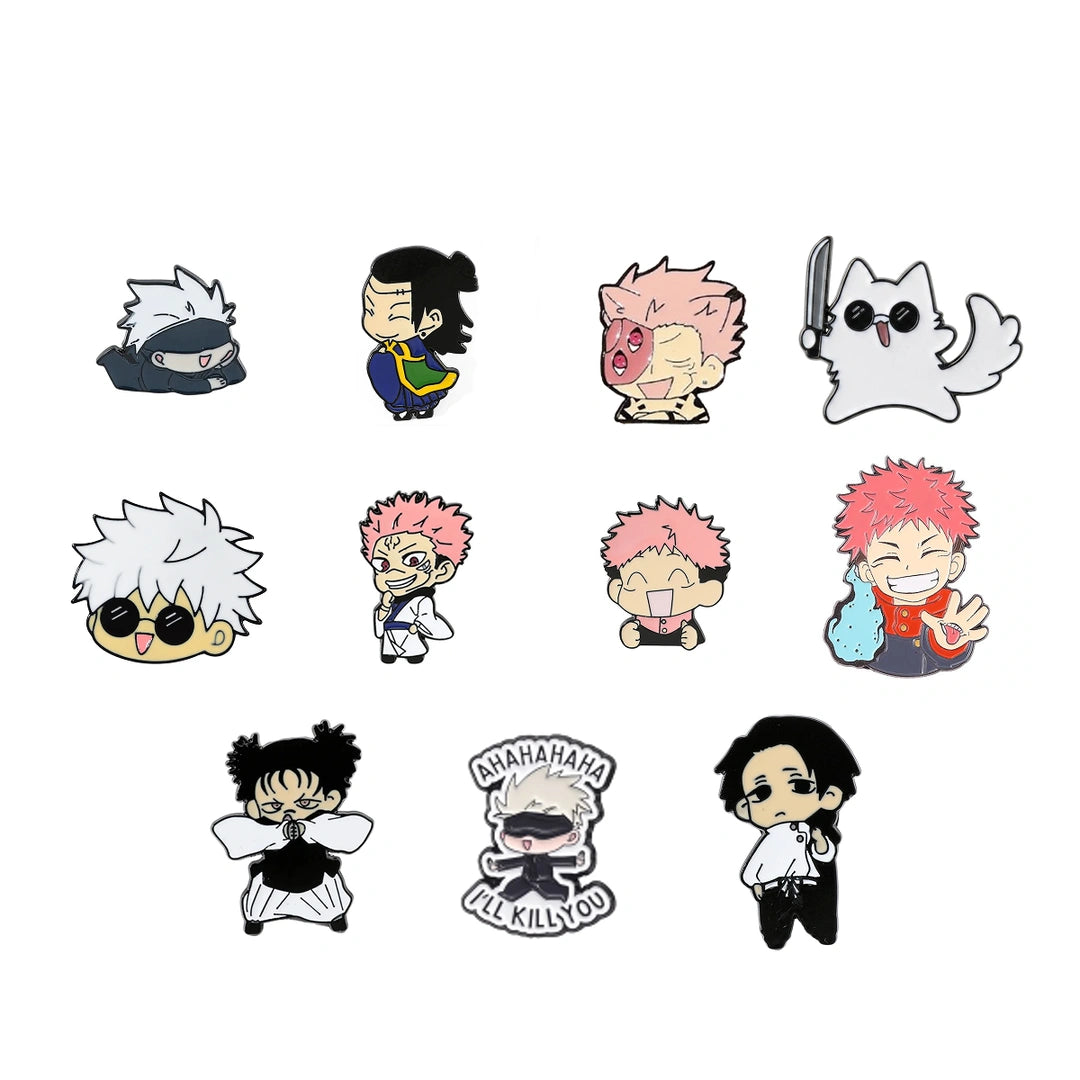 A set of nine chibi-style anime character stickers or charms arranged in a 3-by-3 grid on a plain white background. The characters include various designs with black, white, pink, blue, and yellow tones.
