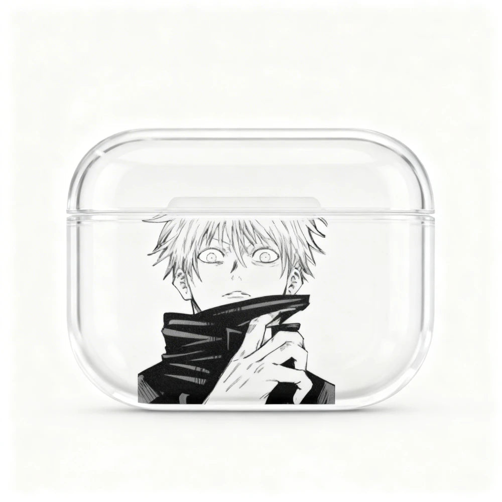 Clear air pod case with black and white illustration of a character on a white background