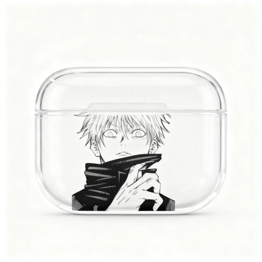 Clear air pod case with black and white illustration of a character on a white background