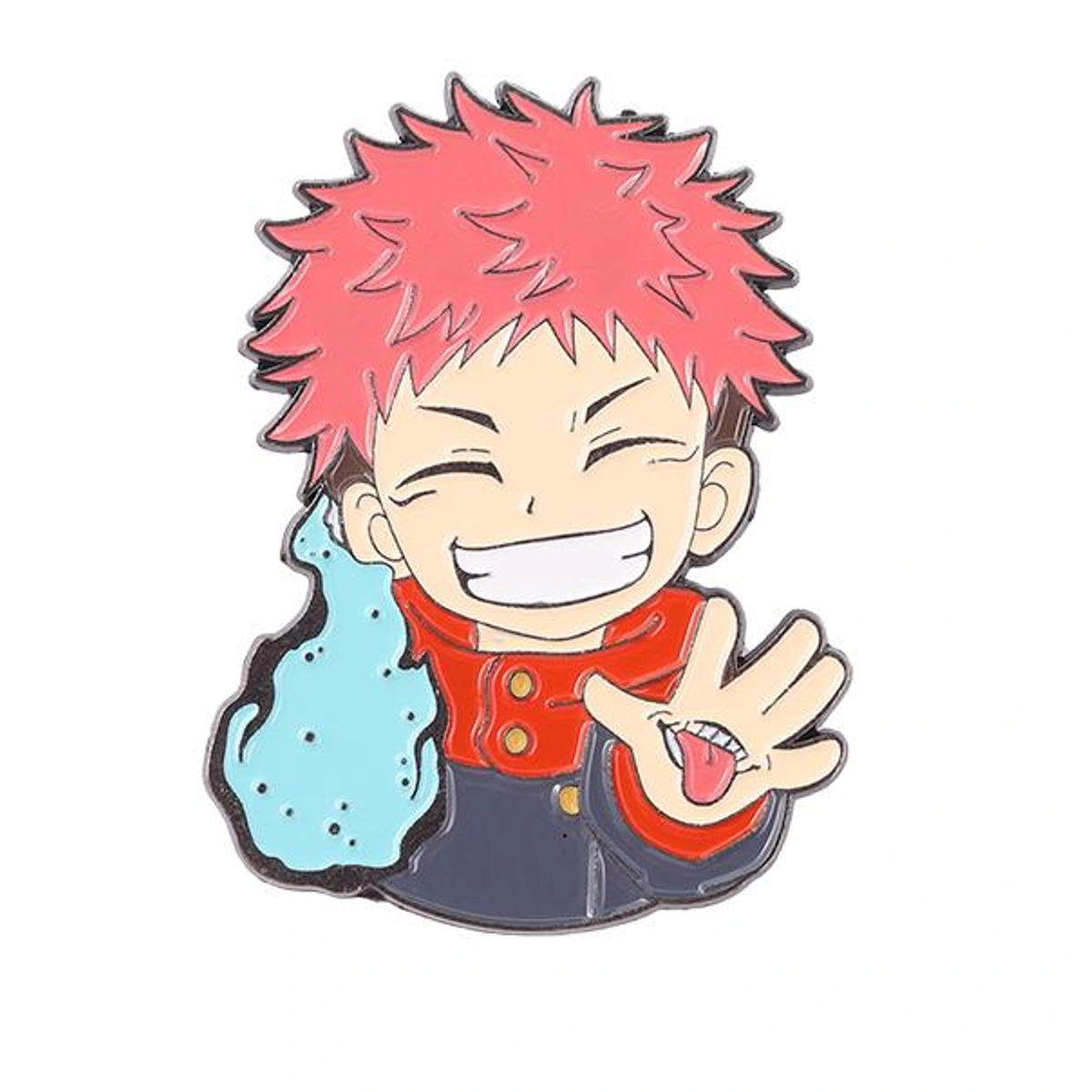 An enamel pin of a chibi anime character with spiky pink hair, wearing a red jacket and dark blue pants, holding a light blue bag, on a plain white background.