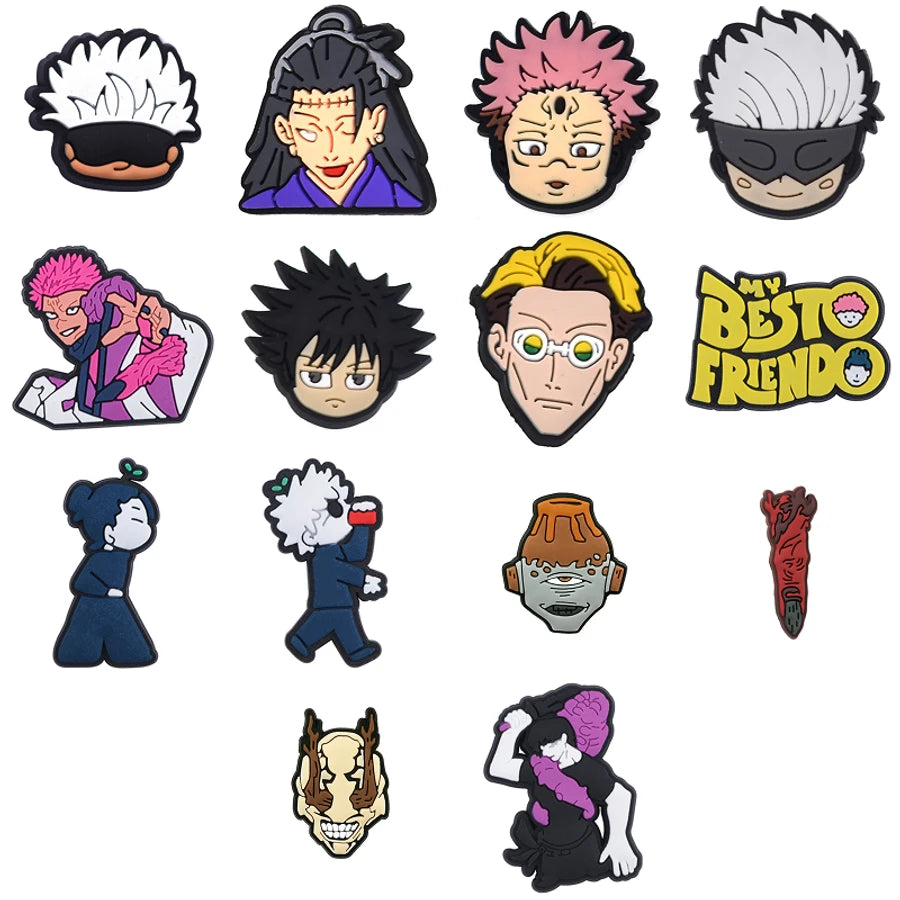 Collection of colorful character pins on a white background
