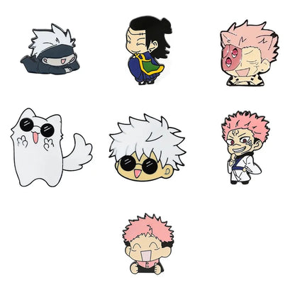 Set of cartoon character pins on a white background
