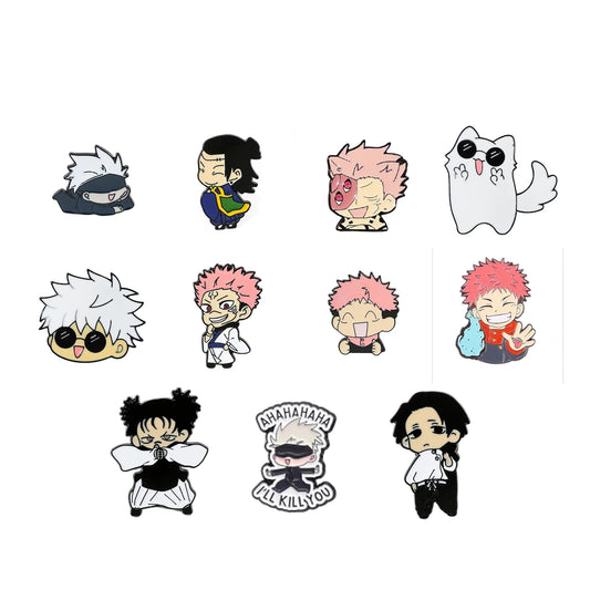 A set of nine chibi-style anime character stickers or pins arranged on a plain white background, featuring characters with pink, white, black, and blue tones.