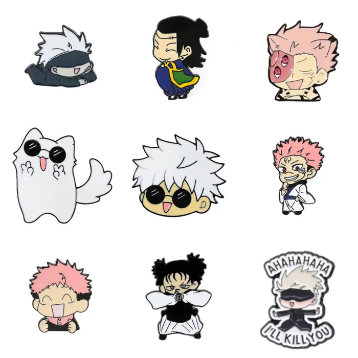 Set of cartoon character pins on a white background