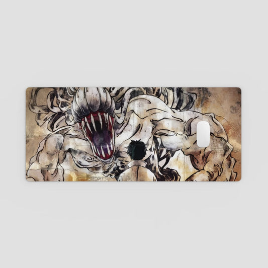 Phone case with a detailed design of a creature on a beige background