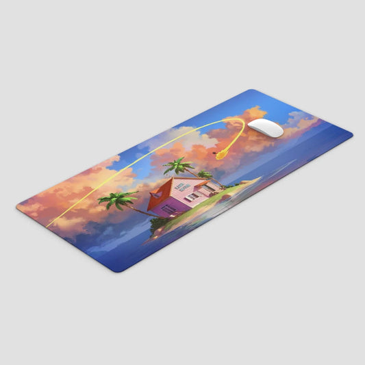 Mouse pad with a tropical house design on a light gray background