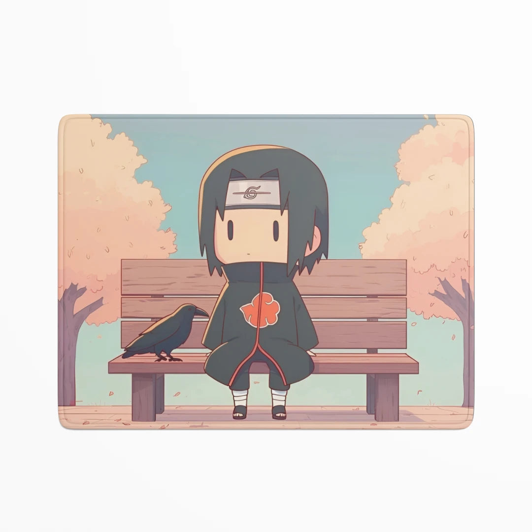 Cartoon character in a green outfit with a headband sitting on a bench in a park.
