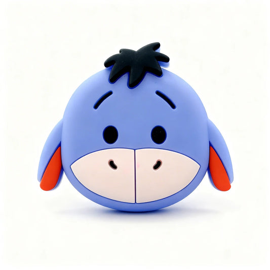 Blue donkey-shaped object with black hair and red ears on a white background
