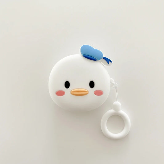 Cute cartoon duck character with a blue bow on a white background