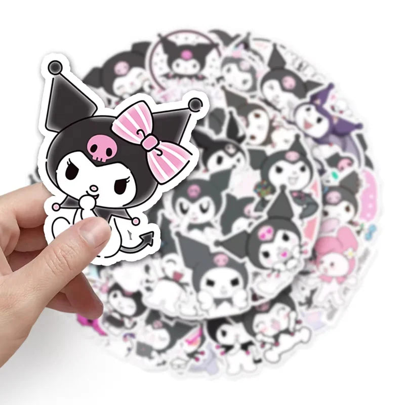 Hand holding a sticker with a cartoon character surrounded by a sheet of similar stickers.