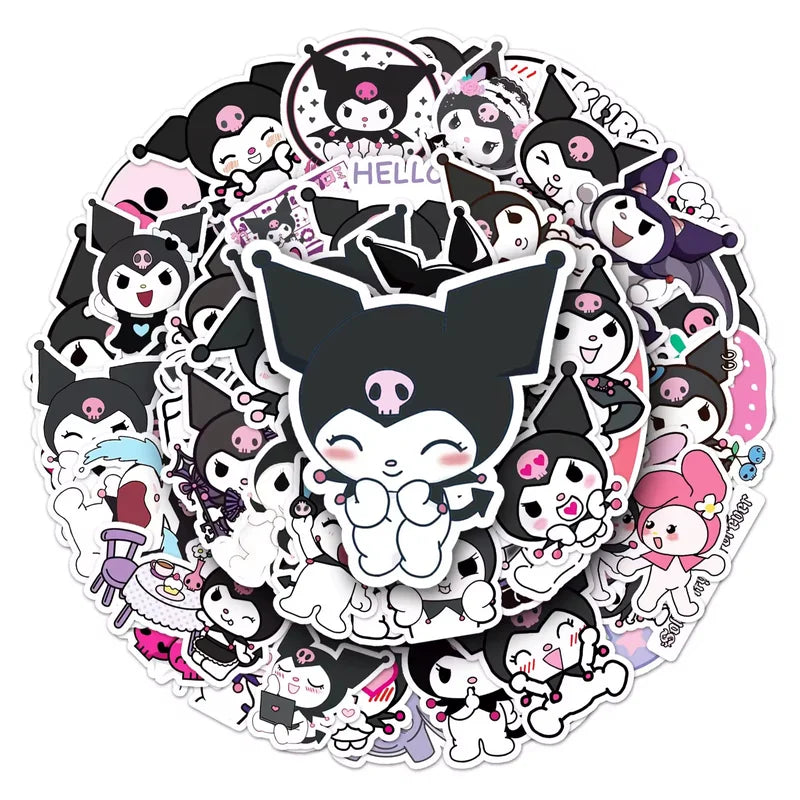 Circular arrangement of cartoon stickers with various characters on a white background