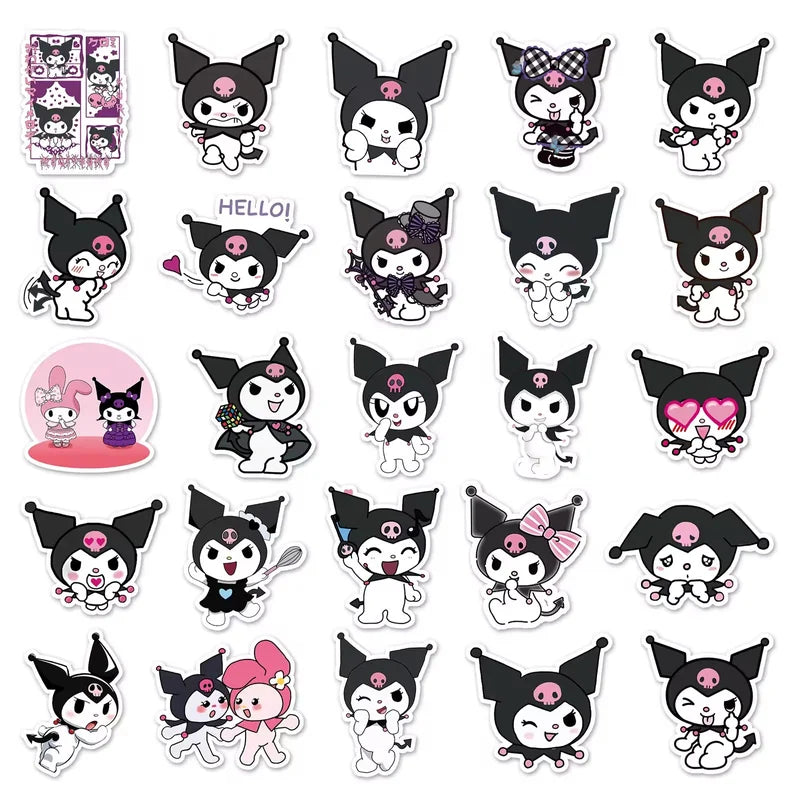 Collection of cartoon character stickers with black hair and pink accents on a white background.