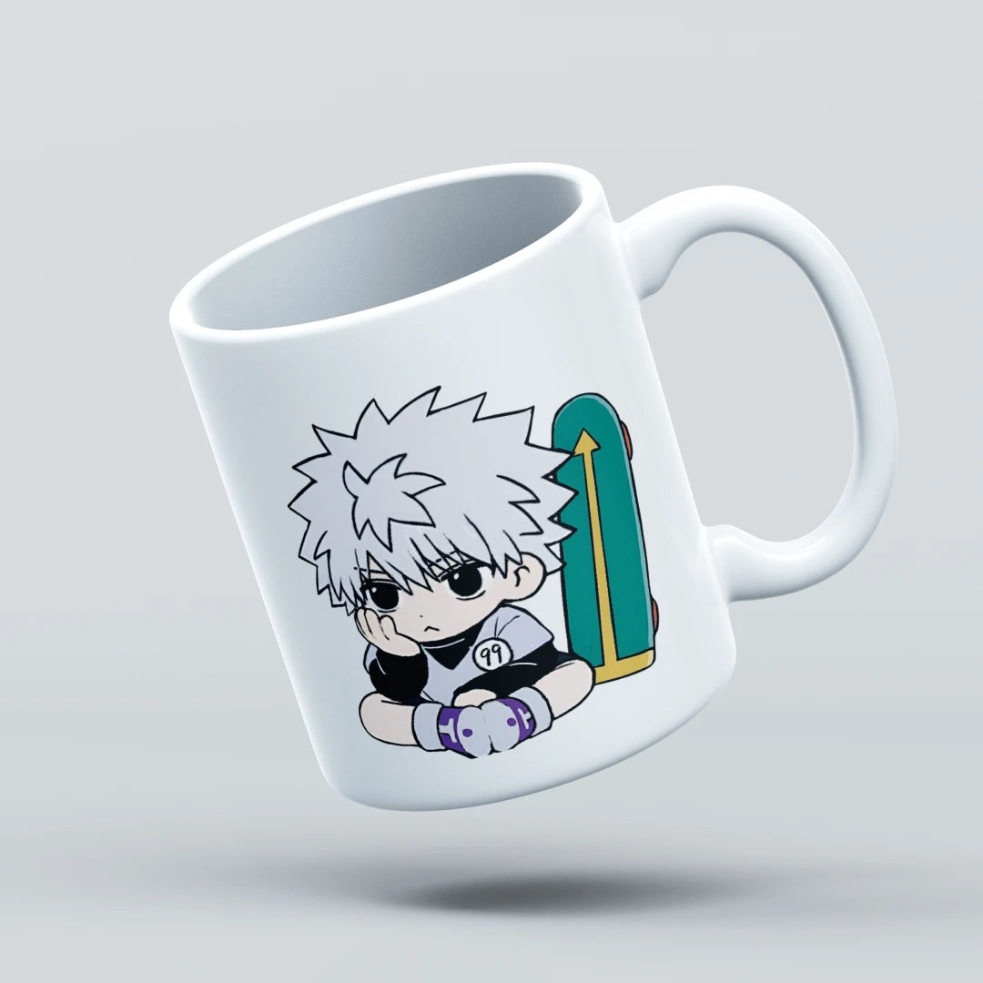 White mug with a character design on a light gray background