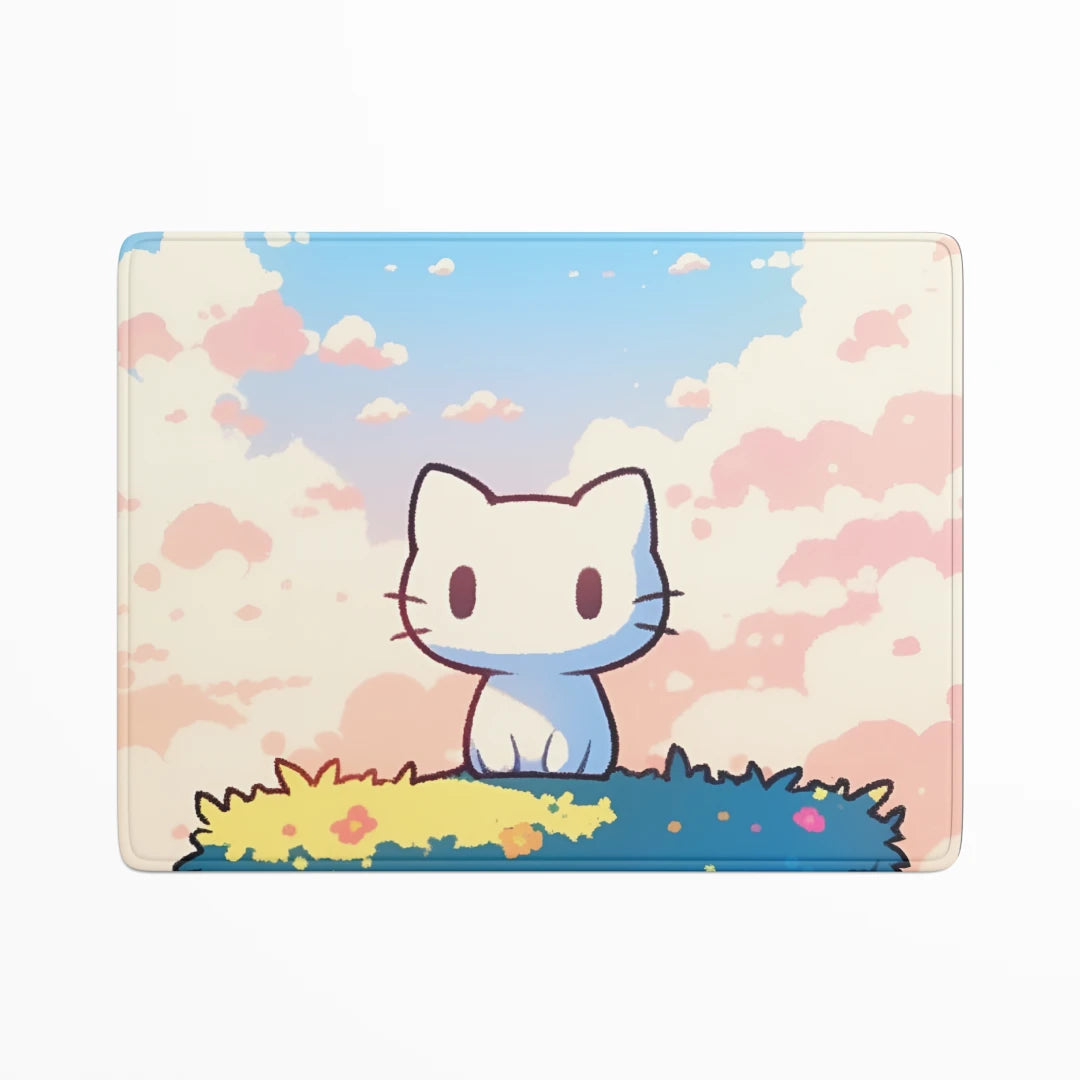 Cartoon cat sitting on grass with a pastel sky and clouds