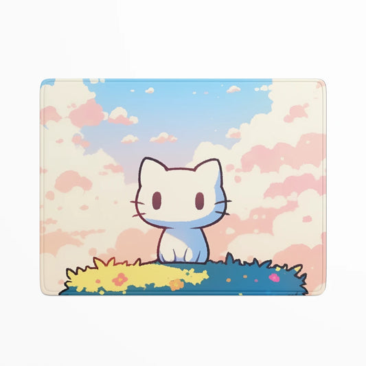 Cartoon cat sitting on grass with a pastel sky and clouds
