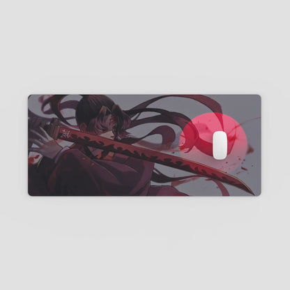 Mouse pad with anime-style design of a character holding a sword on a light gray background