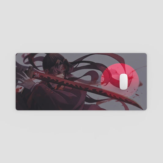 Mouse pad with anime-style design of a character holding a sword on a light gray background