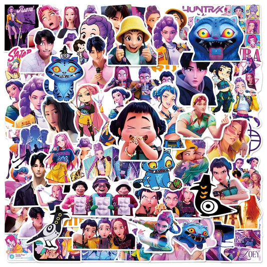 Collection of colorful stickers featuring animated characters and designs.