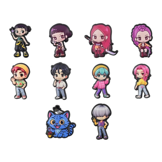 Set of colorful cartoon character figurines on a white background