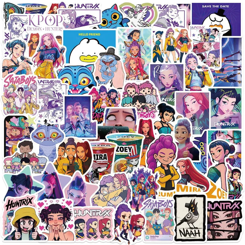 Collection of colorful stickers featuring animated characters and various designs.