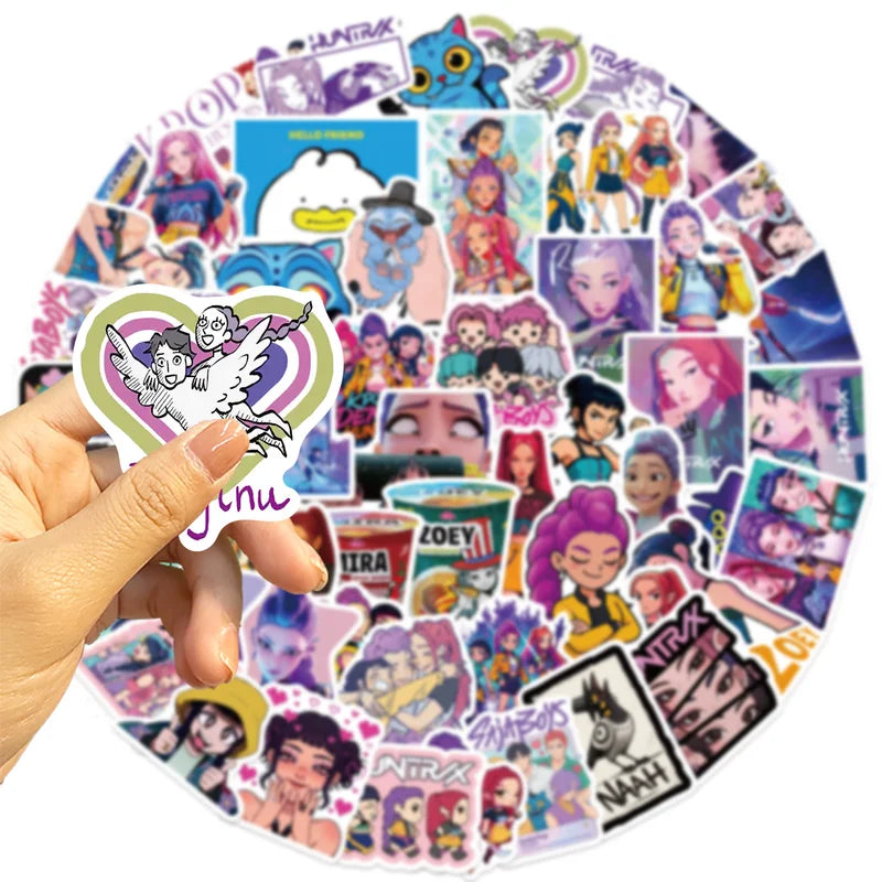 Collection of colorful stickers featuring animated characters held by a hand.