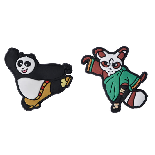Two panda-themed items, one black and white and the other in colorful traditional attire, on a white background.