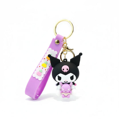 Keychain with a cartoon character and purple strap on a white background