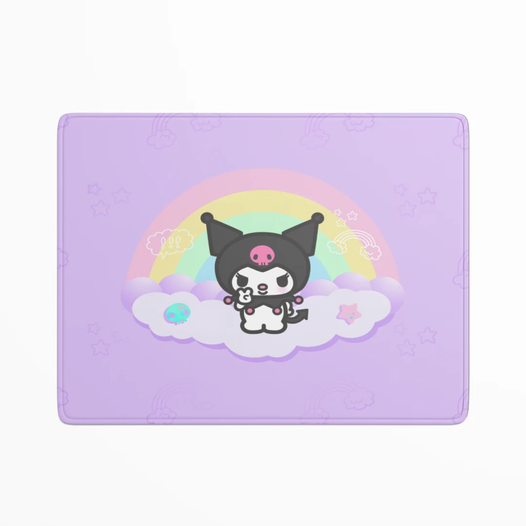 Purple mouse pad with a cartoon character and rainbow design on a white background