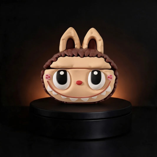 A stylized cartoon character airpods case or decorative object with large eyes, a small red nose, pink cheeks, and brown hair, displayed on a black round pedestal against a dark background with warm light glow.
