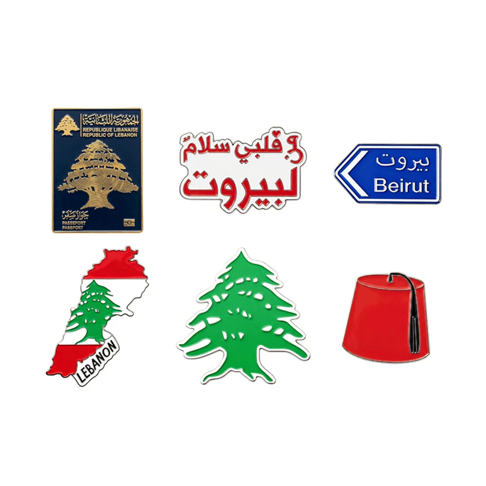 Collection of symbols and text related to Lebanon, including a flag, map, tree, and hat.