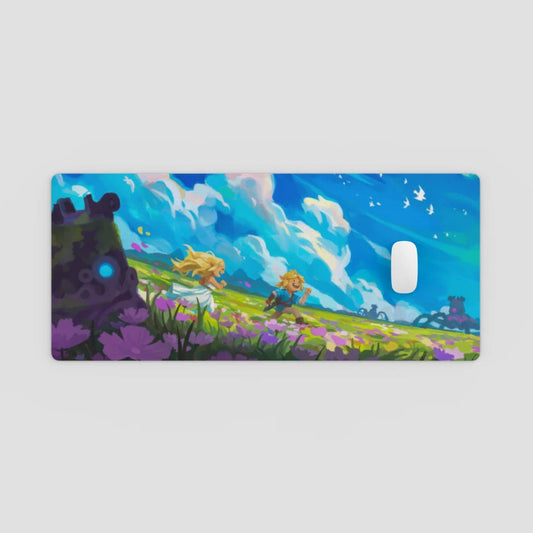Phone case with a fantasy landscape design featuring characters and nature elements on a gray background.