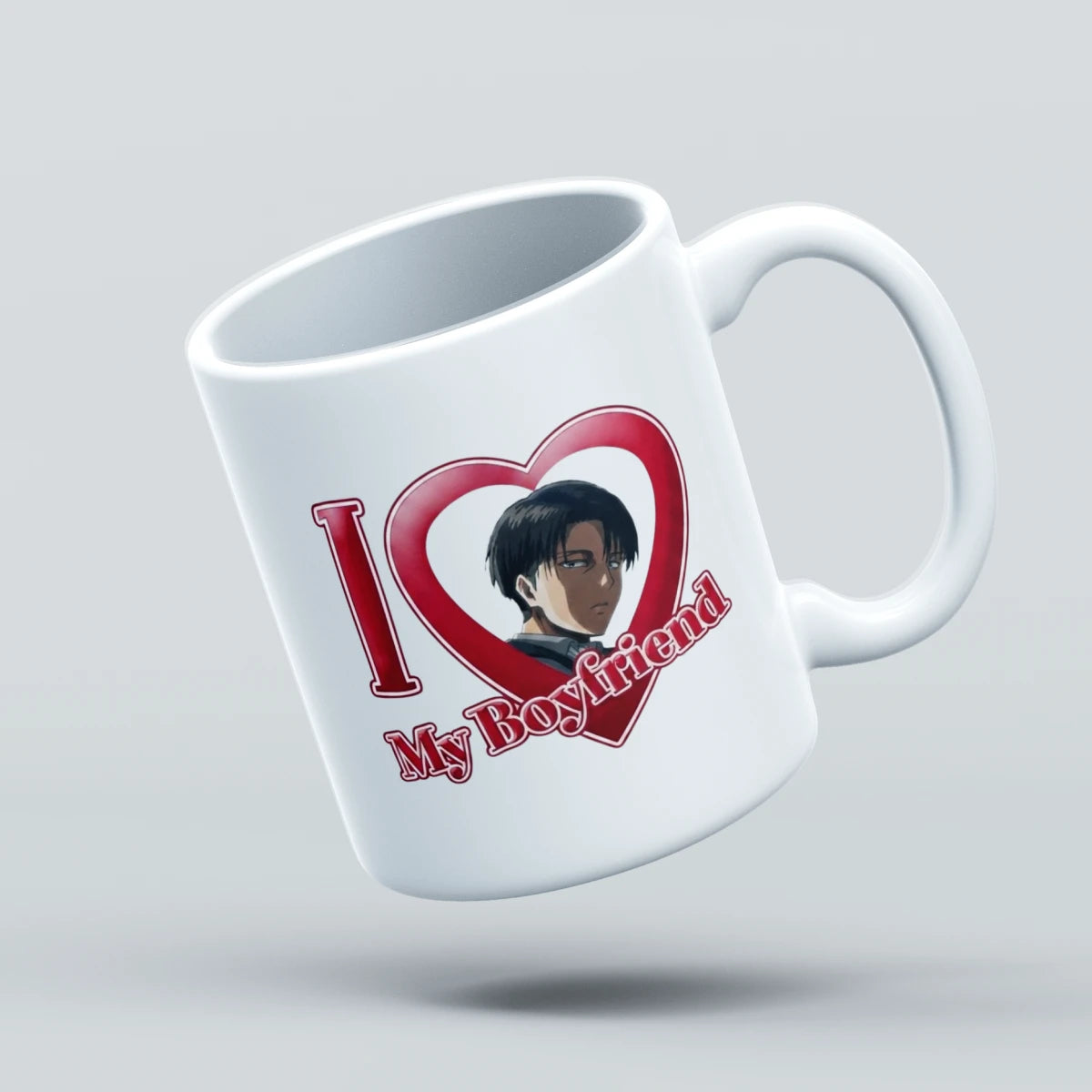 A white ceramic coffee mug with a printed graphic that reads 'I [heart] My Boyfriend' with an anime-style character portrait inside the heart, shown floating against a light gray background.