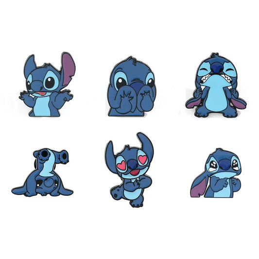 Set of six cartoon character pins on a white background