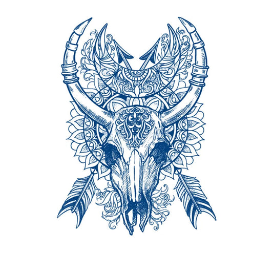 Decorative bull skull with intricate patterns and feathers on a white background jagua tattoo.