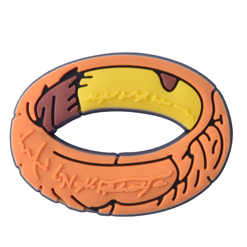 Orange and yellow rubber ring with text on a white background