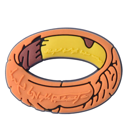 Orange and yellow rubber ring with text on a white background