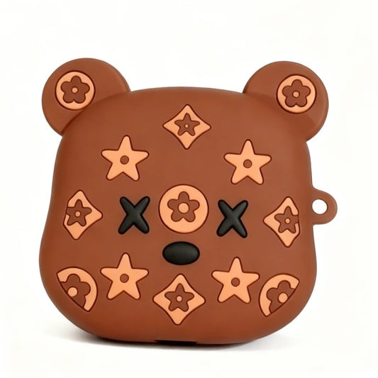Brown bear-shaped case with star and flower patterns on a white background