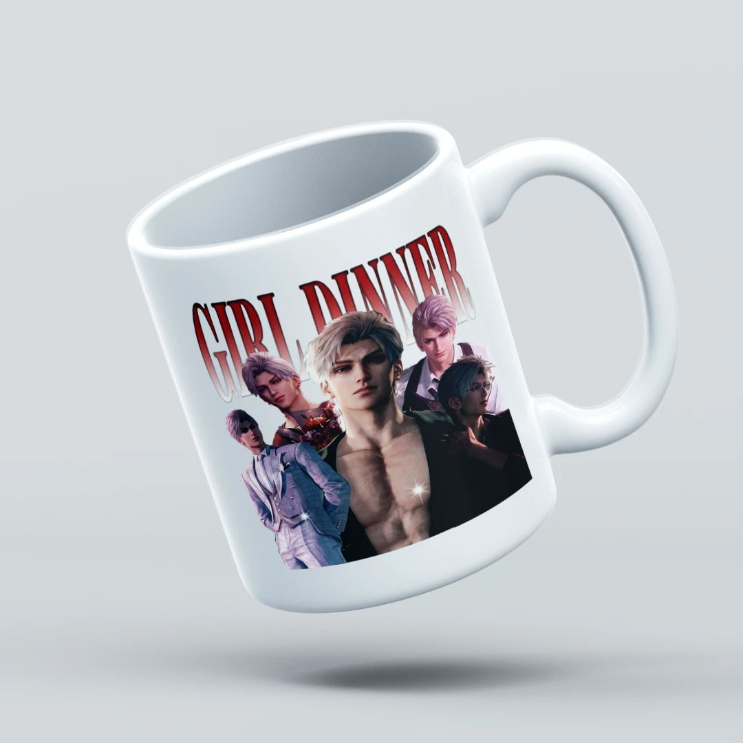 White mug with 'Girl Dinner' graphic design featuring characters on a light gray background